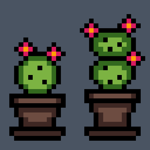 A pixel art drawing with two cacti in flowerpots